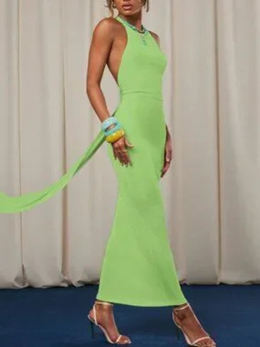 ZARA Green Sexy Women's Beaded Bodycon Long Dress